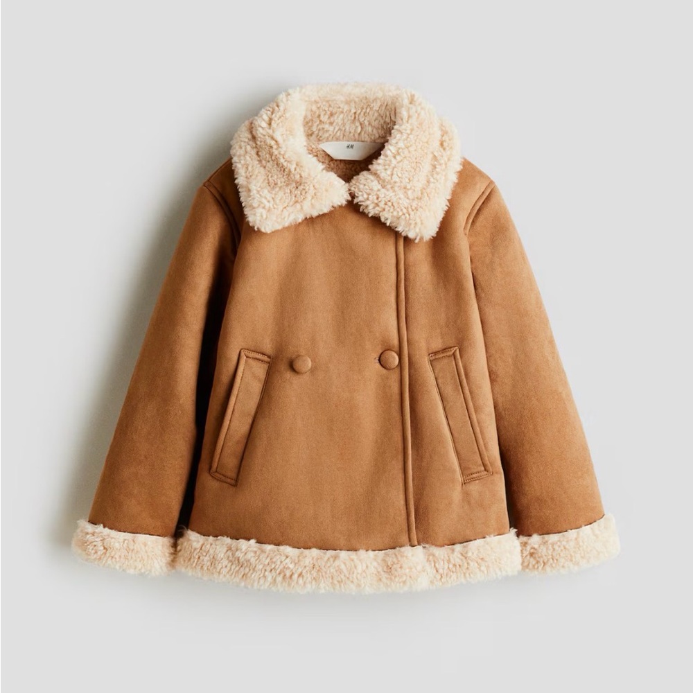 H&M Kids Fluffy Trimmed Pea Coat - Tan - Size 6-8 - Like New